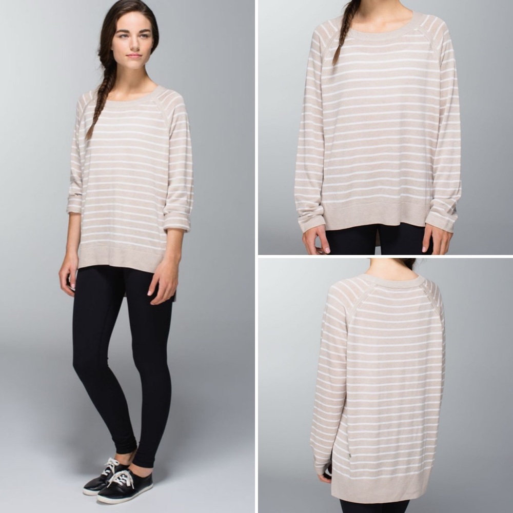 lululemon athletica Beige and White Striped Crew Sweater